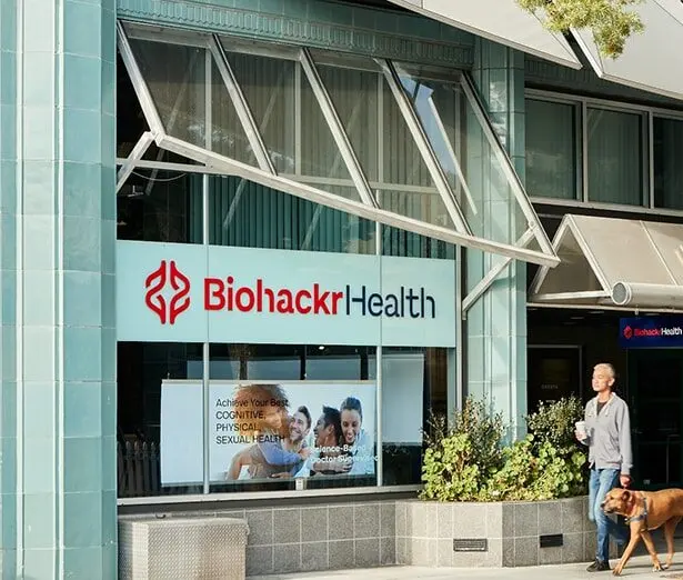 Biohackr Health storefront signage, captioned as the San Francisco flagship